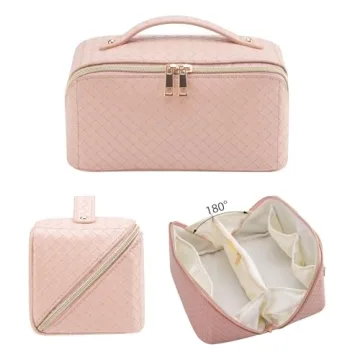 VERNASSA Large Capacity Travel Cosmetic Bag, Toiletry Bag, Women Portable Makeup Bag Opens Flat for Easy Access, PU Leather Waterproof Travel Cosmetic Bag with Handle and Divider