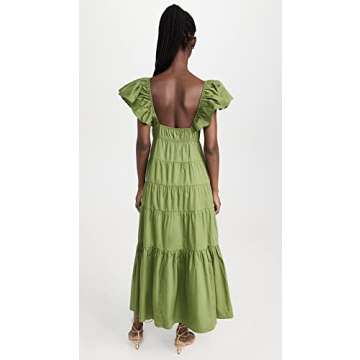 Moon River Women's v-Neck tie Front Shirred Tiered Ruffle midi Dress, Olive, X-Small
