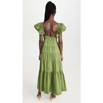 Moon River Women's v-Neck tie Front Shirred Tiered Ruffle midi Dress, Olive, X-Small