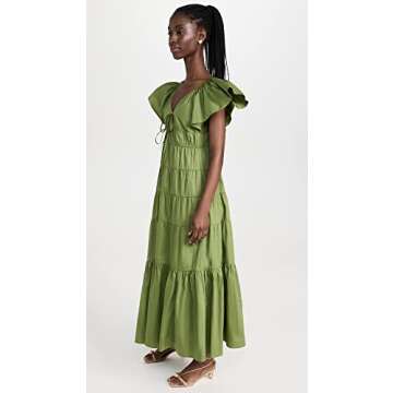 Moon River Women's v-Neck tie Front Shirred Tiered Ruffle midi Dress, Olive, X-Small