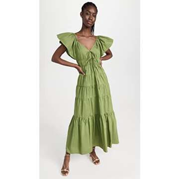 Moon River Women's v-Neck tie Front Shirred Tiered Ruffle midi Dress, Olive, X-Small