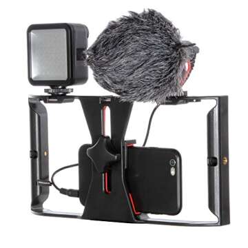 FocusFoto Smartphone Video Rig Camera Cage Mount Holder Stabilizer Handle Grip with BOYA by-MM1 Shotgun Microphone Mic + 49 LED Light Kit for Mobile Phone iPhone Filmmaking Professional Videomaker