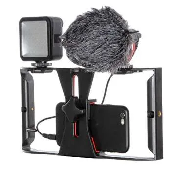 FocusFoto Smartphone Video Rig Camera Cage Mount Holder Stabilizer Handle Grip with BOYA by-MM1 Shotgun Microphone Mic + 49 LED Light Kit for Mobile Phone iPhone Filmmaking Professional Videomaker