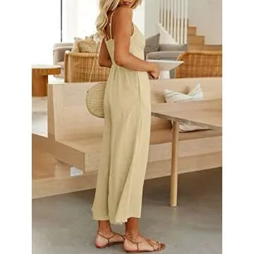 ANRABESS Women Summer Casual Spaghetti Strap Sleeveless V Neck Cutout Linen Wide Leg One Piece Jumpsuit Dressy Romper Outfits