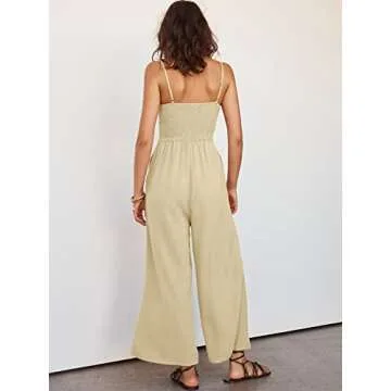 ANRABESS Women Summer Casual Spaghetti Strap Sleeveless V Neck Cutout Linen Wide Leg One Piece Jumpsuit Dressy Romper Outfits