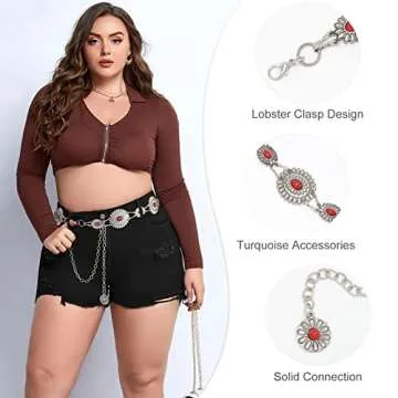 WHIPPY Women Concho Chain Belt Metal Link Western Cowgirl Turquoise Chain Belt for Dress