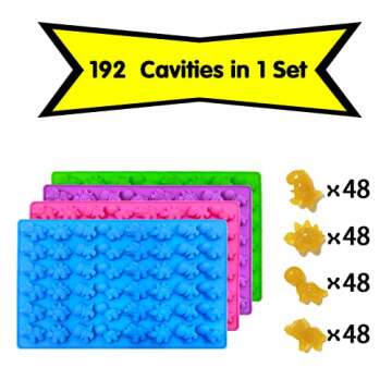 Palksky Mini Dinosaur Silicone Candy molds/Dragon Gummy Bear Mold, Non-Stick Gummie Chocolate Gelatin Tray (4-Pack+4 Droppers) Creates 192 Sweet Snacks Triceratops T-Rex Stegosaurus Brontosaurus