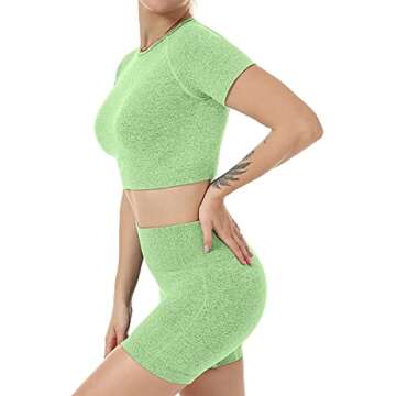 Women Seamless Yoga Workout Set 2 Piece High Waisted Outfits Sets Crop Tops Exercise Shorts Tracksuits Green