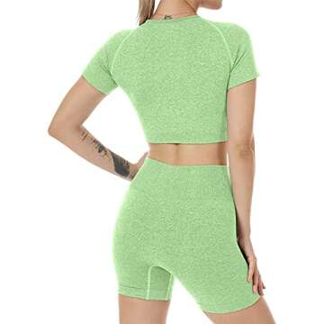 Women Seamless Yoga Workout Set 2 Piece High Waisted Outfits Sets Crop Tops Exercise Shorts Tracksuits Green