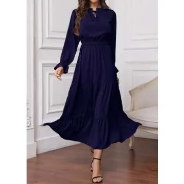KIRUNDO Womens Spring Dresses 2024 Casual Long Sleeve Tie Crew Neck Ruffle Maxi Dress Empire Waist Boho Flowy Long Dress(Navy, Medium)