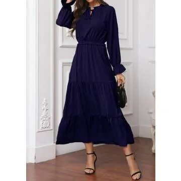 KIRUNDO Womens Spring Dresses 2024 Casual Long Sleeve Tie Crew Neck Ruffle Maxi Dress Empire Waist Boho Flowy Long Dress(Navy, Medium)