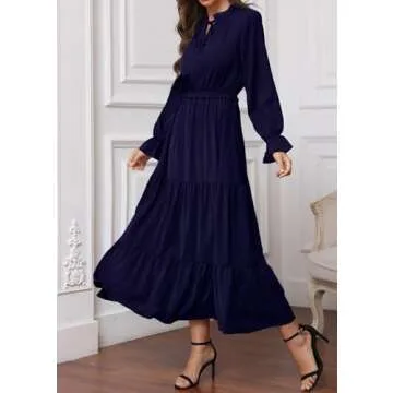 KIRUNDO Womens Spring Dresses 2024 Casual Long Sleeve Tie Crew Neck Ruffle Maxi Dress Empire Waist Boho Flowy Long Dress(Navy, Medium)