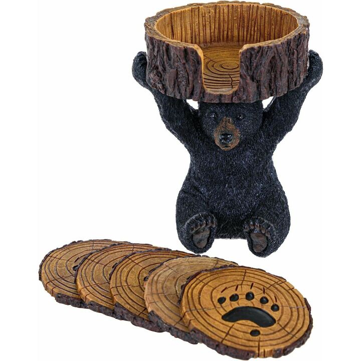 Rustic Black Bear Coasters Set with Holder