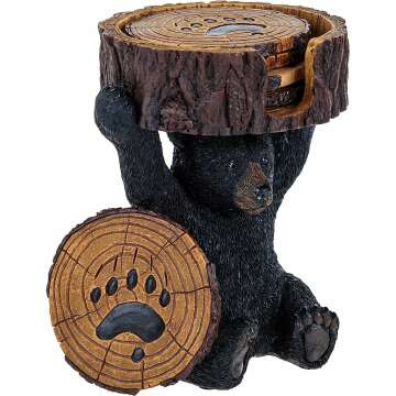 Rustic Black Bear Coasters Set with Holder