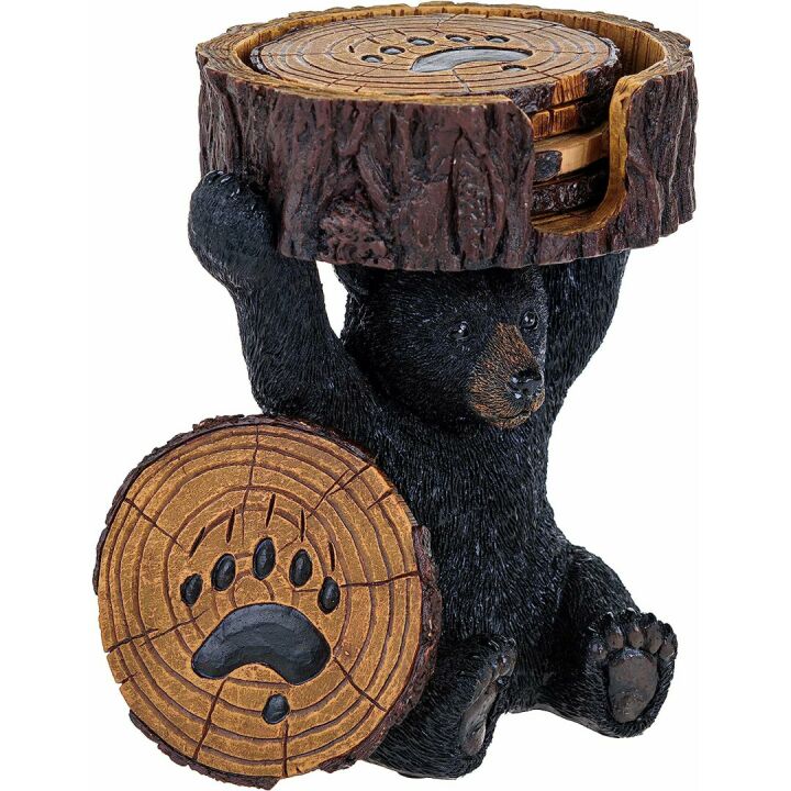 Rustic Black Bear Coasters Set with Holder