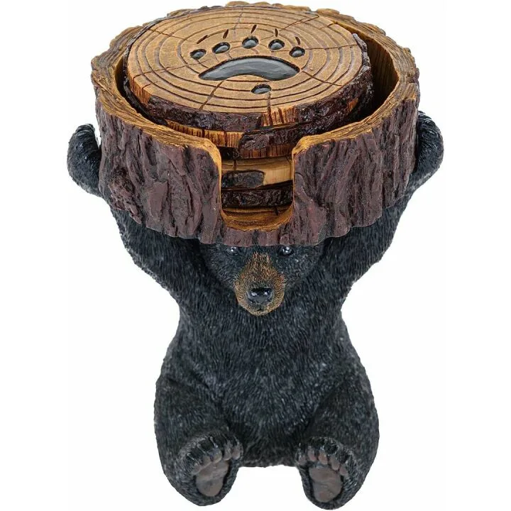 Rustic Black Bear Coasters Set with Holder