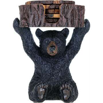 Rustic Black Bear Coasters Set with Holder