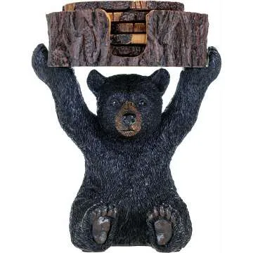 Rustic Black Bear Coasters Set with Holder