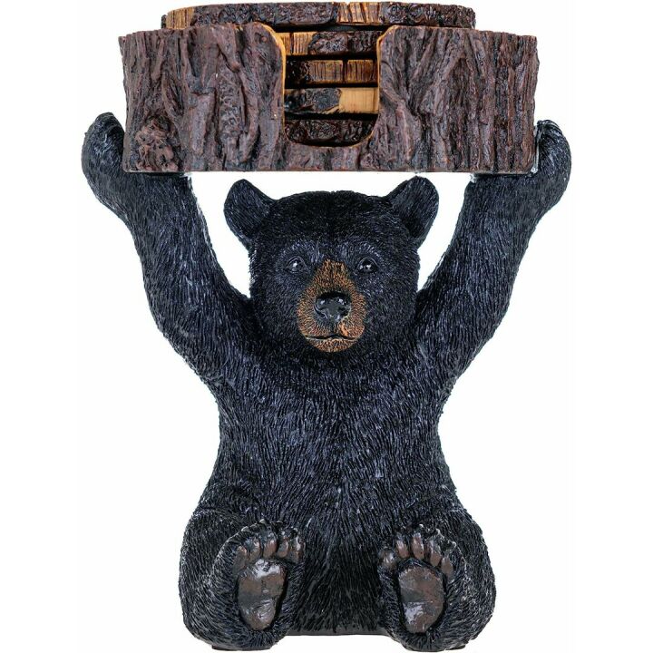 Rustic Black Bear Coasters Set with Holder