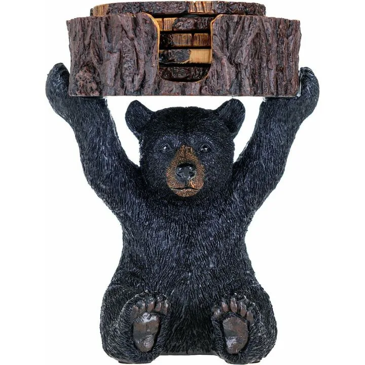 Rustic Black Bear Coasters Set with Holder