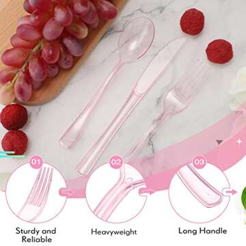 150 Pieces Disposable Cutlery Set Plastic Silverware Heavy Duty Utensil Sets 50 Forks 50 Knives 50 Spoons for Home Office School Party Picnics Restaurant Outdoor Events or Every Day Use (Pink)