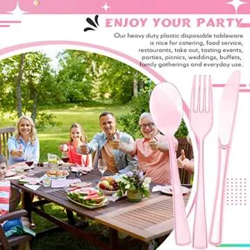 150 Pieces Disposable Cutlery Set Plastic Silverware Heavy Duty Utensil Sets 50 Forks 50 Knives 50 Spoons for Home Office School Party Picnics Restaurant Outdoor Events or Every Day Use (Pink)