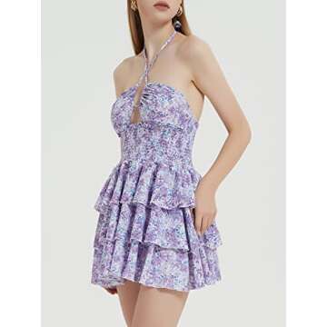 Mebius Womens Floral Mini Dress Summer Criss Cross Halter Backless Preppy Smocked Waist A Line Short Ruffle Dresses Picnic Beach Sundress Purple S