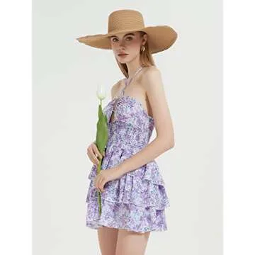 Mebius Womens Floral Mini Dress Summer Criss Cross Halter Backless Preppy Smocked Waist A Line Short Ruffle Dresses Picnic Beach Sundress Purple S