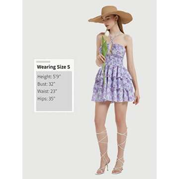 Mebius Womens Floral Mini Dress Summer Criss Cross Halter Backless Preppy Smocked Waist A Line Short Ruffle Dresses Picnic Beach Sundress Purple S