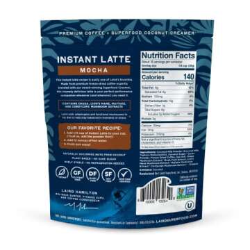 Laird Superfood Mocha Instant Latte with Adaptogens – Mocha Latte packed with Antioxidants and Superfood Coconut Creamer – Boost of Functional Fuel – Gluten Free, Non-GMO, Vegan, 16 oz. Bag, Pack of 1