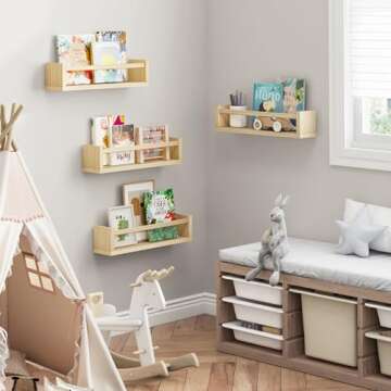 Fixwal Nursery Book Shelves, 16.5 Inch Floating Nursery Bookshelves, Set of 4, Solid Wood Wall Mounted Shelves for Books and Toys Storage (Natural Wood)
