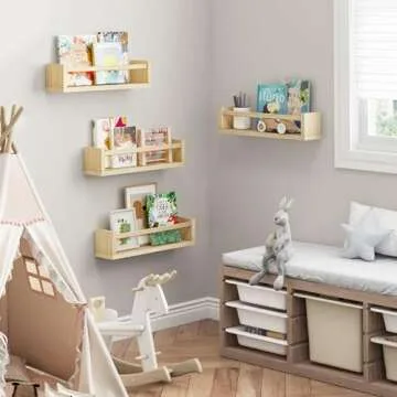 Fixwal Nursery Book Shelves, 16.5 Inch Floating Nursery Bookshelves, Set of 4, Solid Wood Wall Mounted Shelves for Books and Toys Storage (Natural Wood)