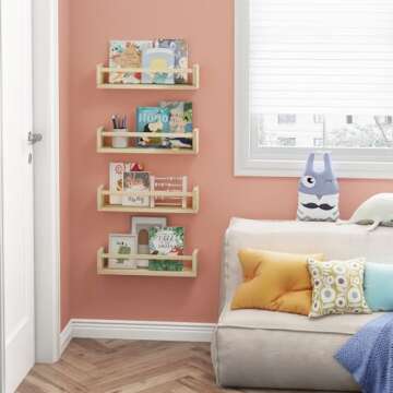 Fixwal Nursery Book Shelves, 16.5 Inch Floating Nursery Bookshelves, Set of 4, Solid Wood Wall Mounted Shelves for Books and Toys Storage (Natural Wood)