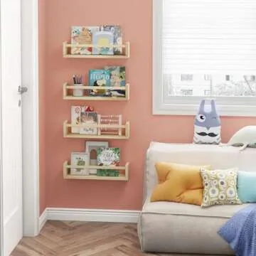 Fixwal Nursery Book Shelves, 16.5 Inch Floating Nursery Bookshelves, Set of 4, Solid Wood Wall Mounted Shelves for Books and Toys Storage (Natural Wood)