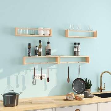 Fixwal Nursery Book Shelves, 16.5 Inch Floating Nursery Bookshelves, Set of 4, Solid Wood Wall Mounted Shelves for Books and Toys Storage (Natural Wood)