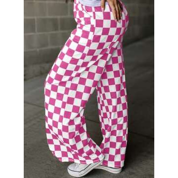 Acelitt Women's Casual Checkered Pants 2025 Spring Summer Lightweight Elastic Waist Comfy Loose Wide Leg Plaid Beach Pants Trousers Vacation Outfits Pink Medium