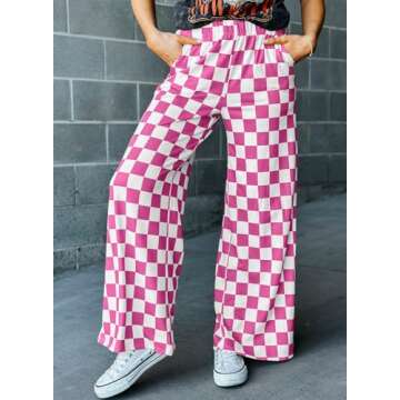 Acelitt Women's Casual Checkered Pants 2025 Spring Summer Lightweight Elastic Waist Comfy Loose Wide Leg Plaid Beach Pants Trousers Vacation Outfits Pink Medium