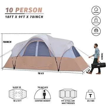 UNP Camping Tent 10-Person-Family Tents, Parties, Music Festival Tent, Big, Easy Up, 5 Large Mesh Windows, Double Layer, 2 Room, Waterproof, Weather Resistant, 18ft x 9ft x78in (Khaki Brown)