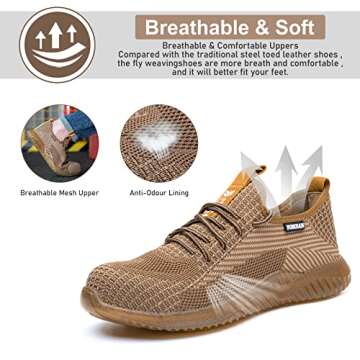 Furuian Steel Toe Shoes for Men Women Comfortable Safety Shoes Non Slip Steel Toe Sneakers Warehouse Industry Contstruction Mens Work Shoes Brown