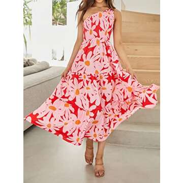 ZESICA Women's 2025 Bohemian Summer Floral Print One Shoulder Sleeveless Smocked Ruffle Tiered Beach Long Midi Dress,Red,Medium