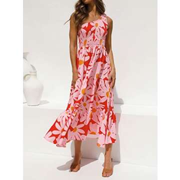 ZESICA Women's 2025 Bohemian Summer Floral Print One Shoulder Sleeveless Smocked Ruffle Tiered Beach Long Midi Dress,Red,Medium