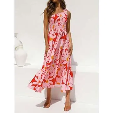 ZESICA Women's 2025 Bohemian Summer Floral Print One Shoulder Sleeveless Smocked Ruffle Tiered Beach Long Midi Dress,Red,Medium