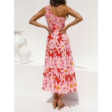 ZESICA Women's 2025 Bohemian Summer Floral Print One Shoulder Sleeveless Smocked Ruffle Tiered Beach Long Midi Dress,Red,Medium
