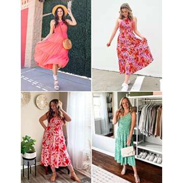 ZESICA Women's 2025 Bohemian Summer Floral Print One Shoulder Sleeveless Smocked Ruffle Tiered Beach Long Midi Dress,Red,Medium