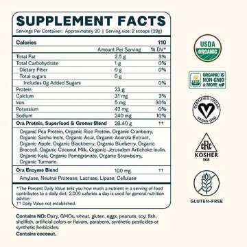 Ora Organic Vegan Protein Powder - 23g Plant Based Pea Protein + Superfood for Women and Men - Unsweetened 20 Servings, No Erythritol, Digestive Enzyme, Keto-Friendly, Gluten-Free, Paleo, Soy-Free