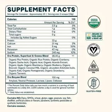 Ora Organic Vegan Protein Powder - 23g Plant Based Pea Protein + Superfood for Women and Men - Unsweetened 20 Servings, No Erythritol, Digestive Enzyme, Keto-Friendly, Gluten-Free, Paleo, Soy-Free