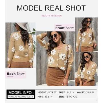 Dokotoo Women's Long Sleeve Loose Knit Flower Sweater Sexy V-Neck Open Front Button Down Camel Cardigan Sweater Elegant Shrug Stylish Outerwear Coat Small