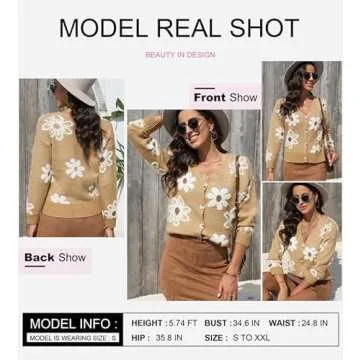 Dokotoo Women's Long Sleeve Loose Knit Flower Sweater Sexy V-Neck Open Front Button Down Camel Cardigan Sweater Elegant Shrug Stylish Outerwear Coat Small