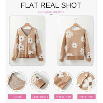 Dokotoo Women's Long Sleeve Loose Knit Flower Sweater Sexy V-Neck Open Front Button Down Camel Cardigan Sweater Elegant Shrug Stylish Outerwear Coat Small