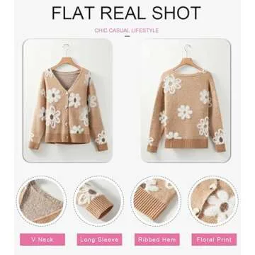 Dokotoo Women's Long Sleeve Loose Knit Flower Sweater Sexy V-Neck Open Front Button Down Camel Cardigan Sweater Elegant Shrug Stylish Outerwear Coat Small